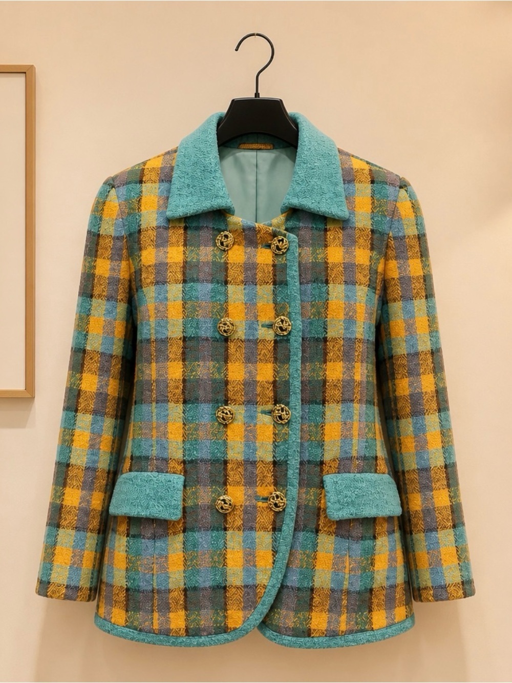 Lilly Pulitzer Turquoise, Mustard & Gray Plaid Double-Breasted Blazer